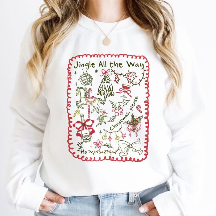 Jingle All the Way Green And Red Christmas Doodles - Comfy Drop Shoulder Sweatshirt