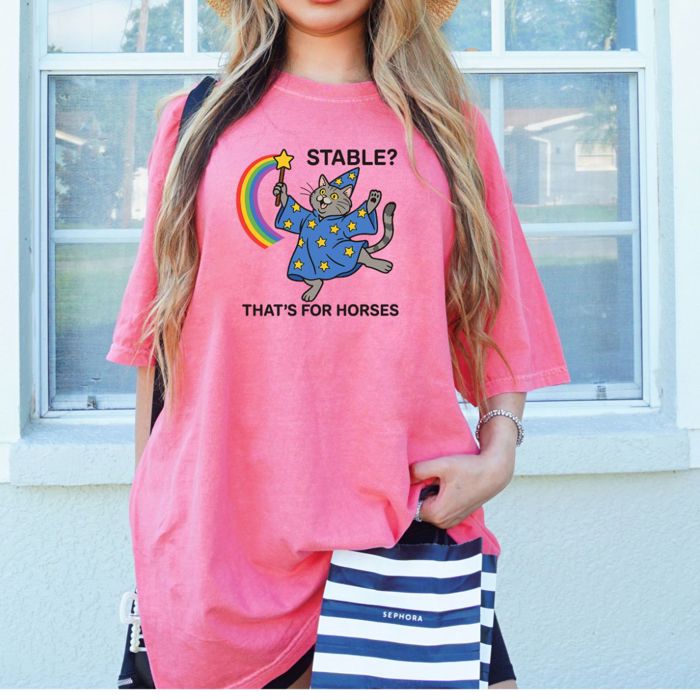 Stable  Thats For Horses Funny Gray Tabby With Wand  - Soft Washed 100 Cotton Heavyweight Tee (Unisex)  Comfort Colors