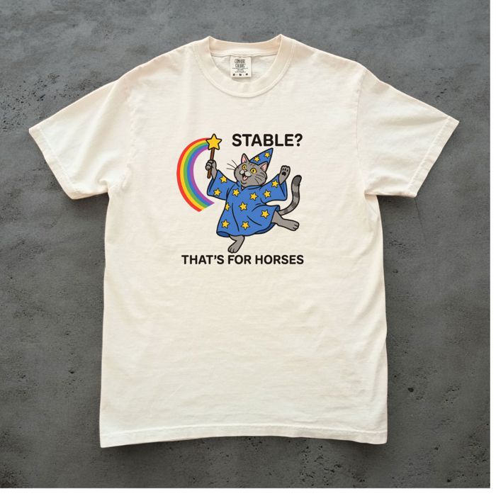Stable  Thats For Horses Funny Gray Tabby With Wand  - Soft Washed 100 Cotton Heavyweight Tee (Unisex)  Comfort Colors