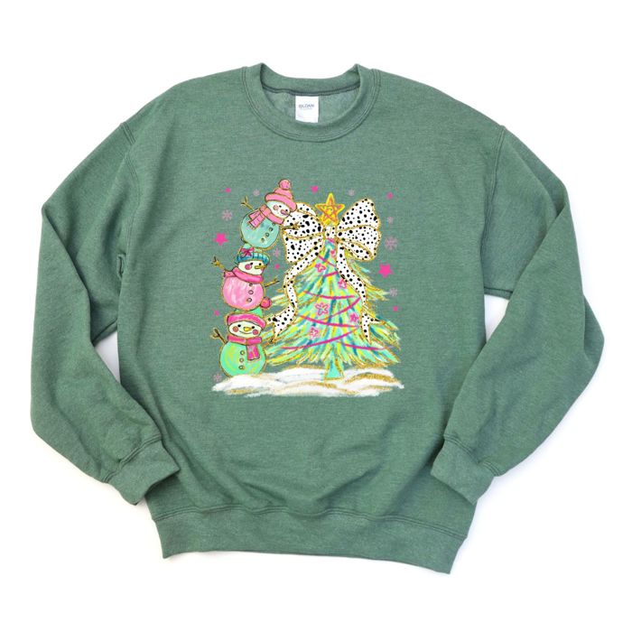 Stack Of Adorable Decorating Christmas Tree With Bow Snowmen - Comfy Drop Shoulder Sweatshirt