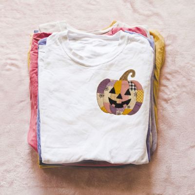 Purple Accented Faux Quilted Corner Pumpkin Design - Soft Wash T-Shirt (Crewneck)  100 Cotton Heavyweight Tee (Unisex)  Comfort Colors