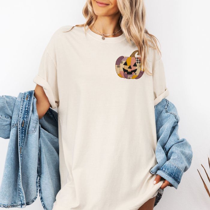 Purple Accented Faux Quilted Corner Pumpkin Design - Soft Wash T-Shirt (Crewneck)  100 Cotton Heavyweight Tee (Unisex)  Comfort Colors