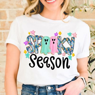 Spooky Season Faux Glitter Cute Ghosties - T-Shirt (Crewneck)  100 Cotton Solid Colors Jersey Tee (Unisex)  Bella Canvas, T-Shirt (Crewneck)  Poly-Cotton He