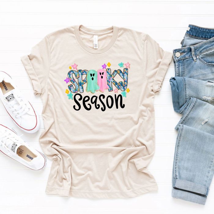 Spooky Season Faux Glitter Cute Ghosties - T-Shirt (Crewneck)  100 Cotton Solid Colors Jersey Tee (Unisex)  Bella Canvas, T-Shirt (Crewneck)  Poly-Cotton He