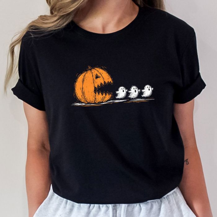 Pumpkin Gamer Character Chasing Cute Ghosts - Soft Longer Length Bella Canvas