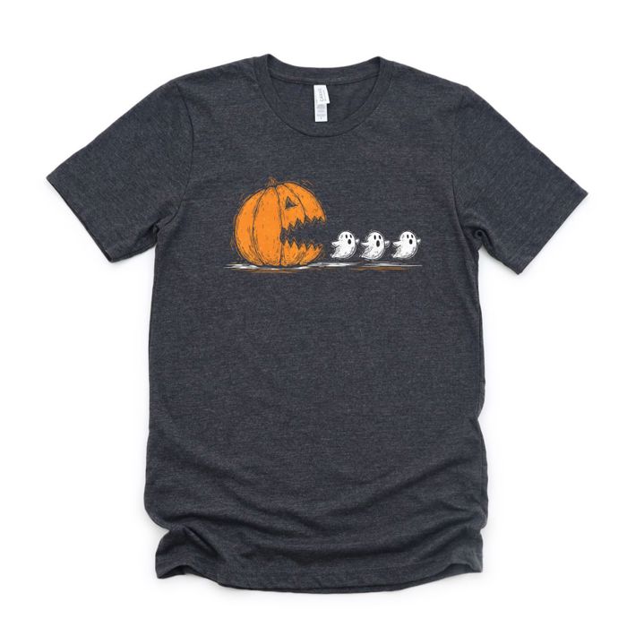 Pumpkin Gamer Character Chasing Cute Ghosts - Soft Longer Length Bella Canvas