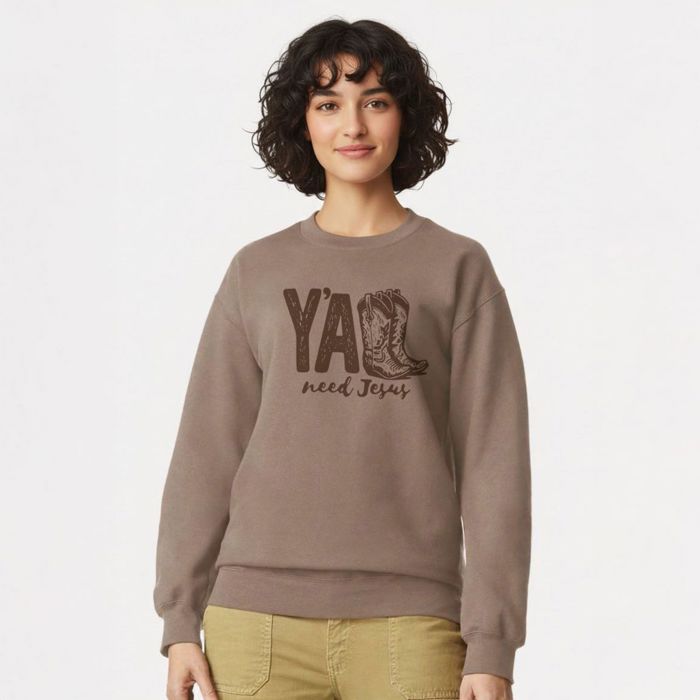 Y'all Need Jesus Country Western Christian Style - Drop Shoulder Softstyle Midweight Crewneck Sweatshirt
