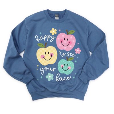 Happy To See Your Face Cutesy Fall Apples For The Teacher Kawaii Style - Super Comfy Drop Shoulder Style Sweatshirt
