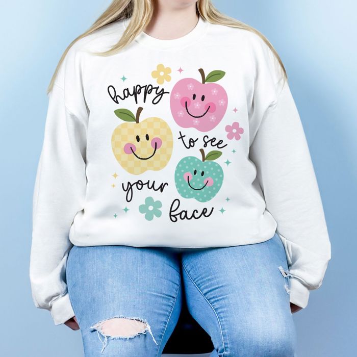 Happy To See Your Face Cutesy Fall Apples For The Teacher Kawaii Style - Super Comfy Drop Shoulder Style Sweatshirt