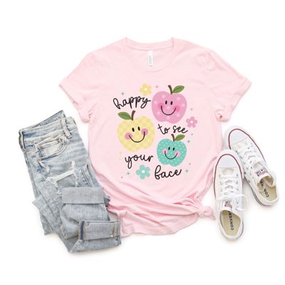 Happy To See Your Face Cutesy Fall Apples For The Teacher Kawaii Style - Heathered or 100 Percent Cotton Soft Bella Canvas T-Shirt