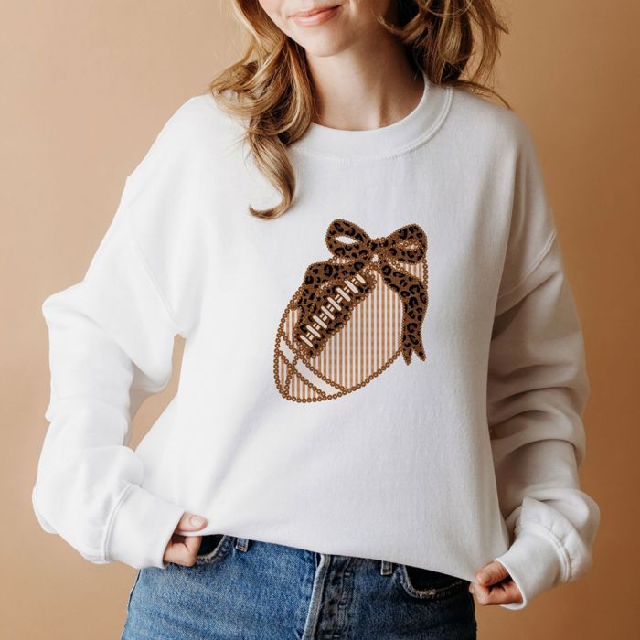 Striped Faux Seersucker Coquette Football Fall With Cheetah Bow - Unisex Softstyle Midweight Crewneck Sweatshirt