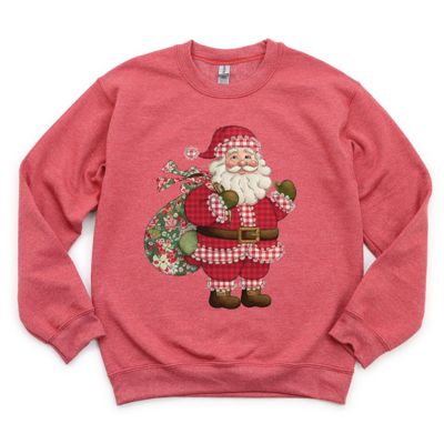 Classic Christmas Santa Claus With Plaid Accents And Floral Bag - Comfy Drop Shoulder Sweatshirt