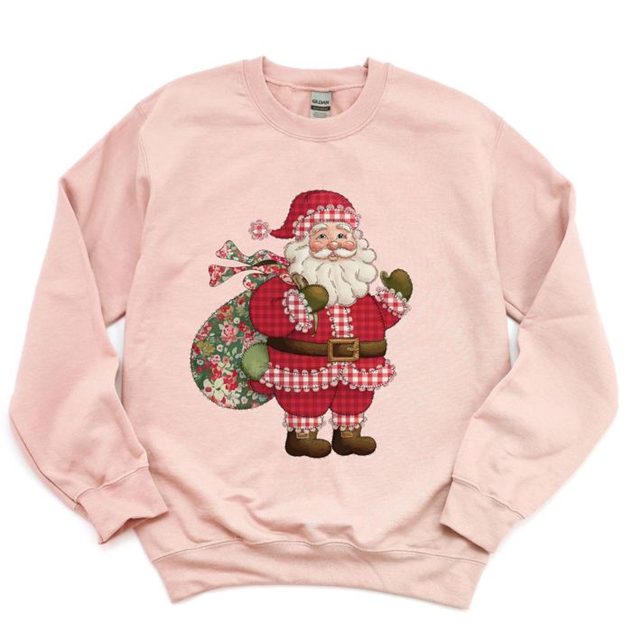 Classic Christmas Santa Claus With Plaid Accents And Floral Bag - Comfy Drop Shoulder Sweatshirt