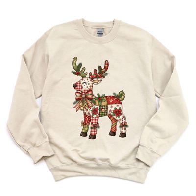 Quilted Folk Art Christmas Reindeer Printed - Comfy Drop Shoulder Sweatshirt