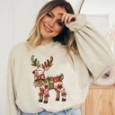  Quilted Folk Art Christmas Reindeer Printed - Comfy Drop Shoulder Sweatshirt