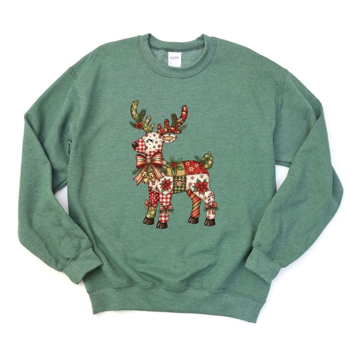 Quilted Folk Art Christmas Reindeer Printed - Comfy Drop Shoulder Sweatshirt