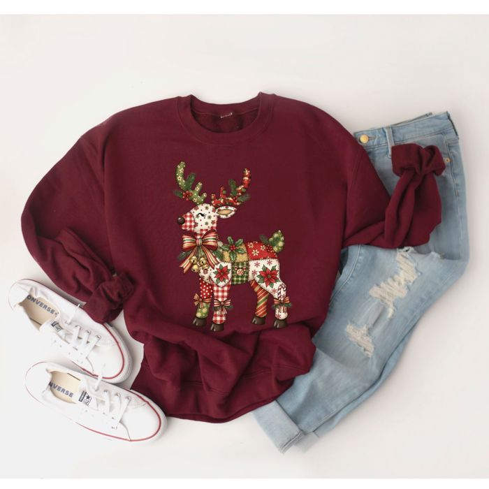 Quilted Folk Art Christmas Reindeer Printed - Comfy Drop Shoulder Sweatshirt