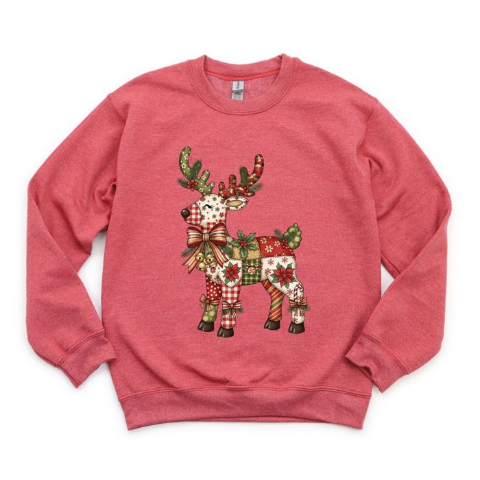 Quilted Folk Art Christmas Reindeer Printed - Comfy Drop Shoulder Sweatshirt