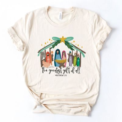 The Greatest Gift of All Christian Christmas Nativity Jesus is The Reason - T-Shirt (Crewneck)  100 Cotton Solid Colors Jersey Tee (Unisex)  Bella Canvas, T