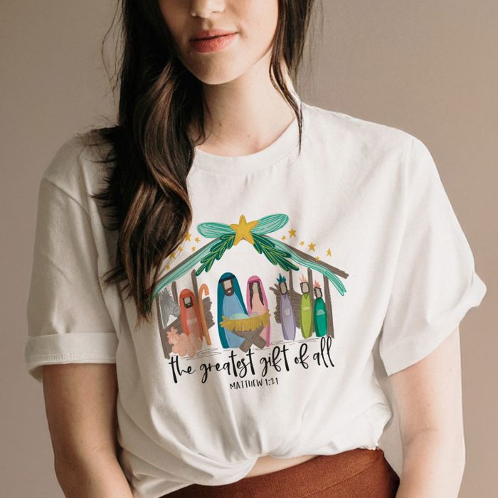 The Greatest Gift of All Christian Christmas Nativity Jesus is The Reason - T-Shirt (Crewneck)  100 Cotton Solid Colors Jersey Tee (Unisex)  Bella Canvas, T