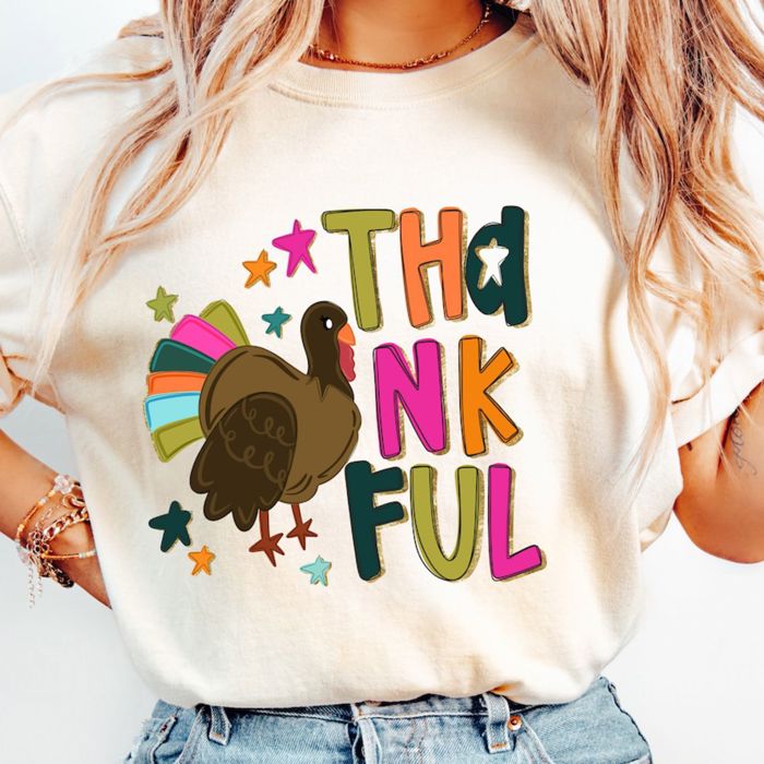 Thankful Faux Sparkle Thanksgiving Turkey - T-Shirt (Crewneck)  100 Cotton Heavyweight Tee (Unisex)  Comfort Colors