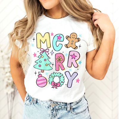 Merry Christmas Cute Holiday Elements in a Cartoon Style - T-Shirt (Crewneck)  100 Cotton Solid Colors Jersey Tee (Unisex)  Bella Canvas, T-Shirt (Crewneck)