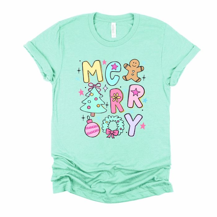 Merry Christmas Cute Holiday Elements in a Cartoon Style - T-Shirt (Crewneck)  100 Cotton Solid Colors Jersey Tee (Unisex)  Bella Canvas, T-Shirt (Crewneck)