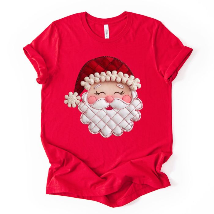 Faux Quilted 1980s Style Vintage Santa Claus Christmas - T-Shirt (Crewneck)  100 Cotton Solid Colors Jersey Tee (Unisex)  Bella Canvas, T-Shirt (Crewneck)  
