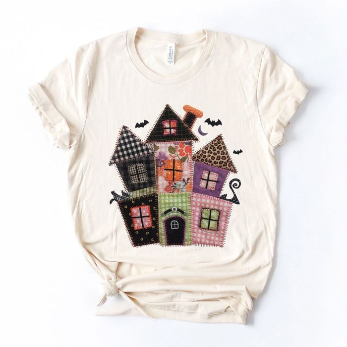 Faux Quilted Spooky Haunted House For Halloween - Soft Longer Length Bella Canvas T-Shirt