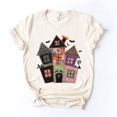 Faux Quilted Spooky Haunted House For Halloween - Soft Longer Length Bella Canvas T-Shirt