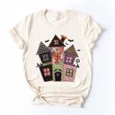  Faux Quilted Spooky Haunted House For Halloween - Soft Longer Length Bella Canvas T-Shirt