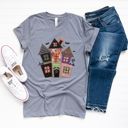  Faux Quilted Spooky Haunted House For Halloween - Soft Longer Length Bella Canvas T-Shirt
