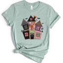  Faux Quilted Spooky Haunted House For Halloween - Soft Longer Length Bella Canvas T-Shirt