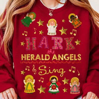 Hark The Herald Angels Sing Vintage Christmas Faux Sequin and Needle Work  - Comfy Drop Shoulder Sweatshirt