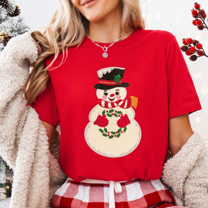 Faux Sparkle Snowman Vintage Christmas Card Style - Soft and Comfy Bella Canvas Tee