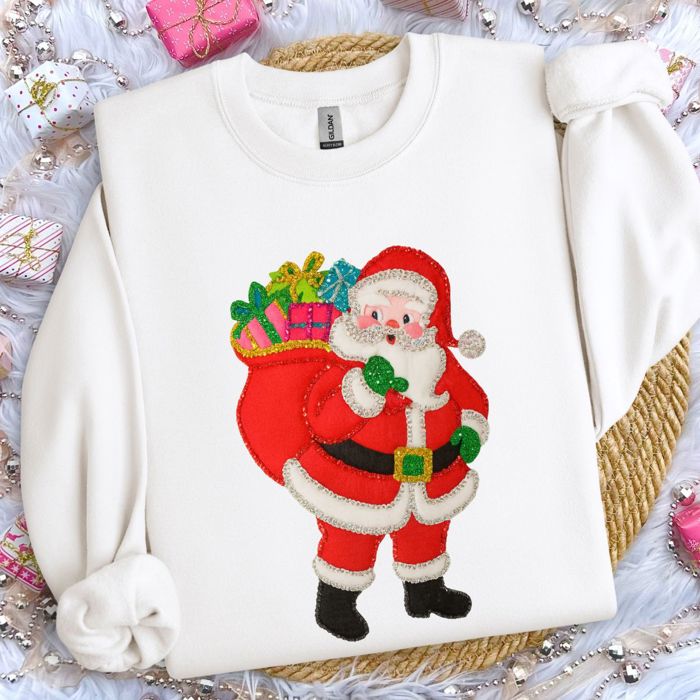 Vintage Style Felt Faux Sparkly Christmas Santa - Sweatshirt (Crewneck)  Poly-Cotton Colors (Unisex)  Gildan