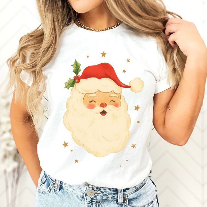Vintage Santa Claus face With Stars - Soft and Comfy Bella Canvas T-Shirt