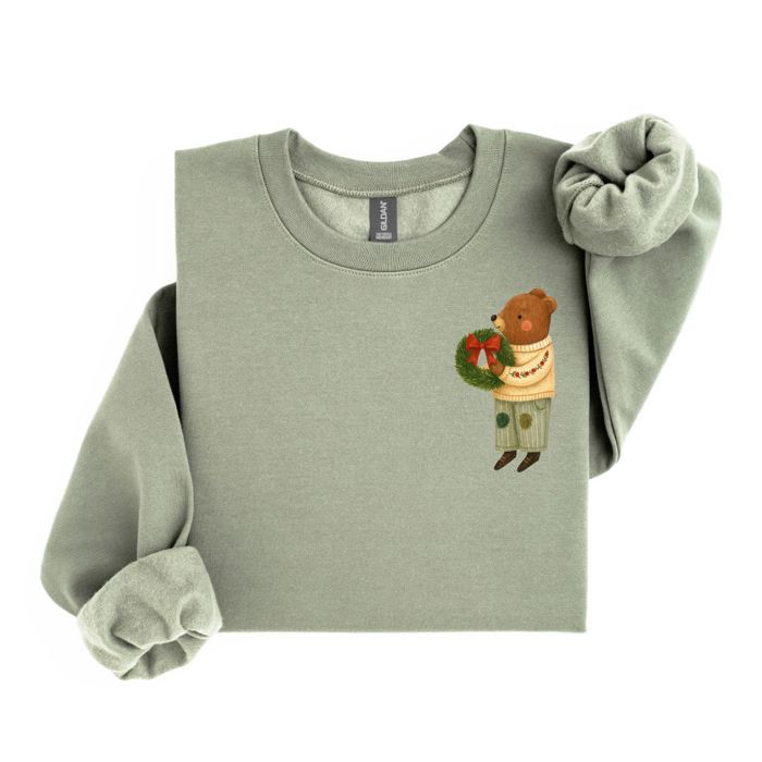 Vintgage Christmas Teddy Bear With Wreath - Sweatshirt (Crewneck)  Poly-Cotton Colors (Unisex)  Gildan, Unisex Softstyle Midweight Crewneck Sweatshirt