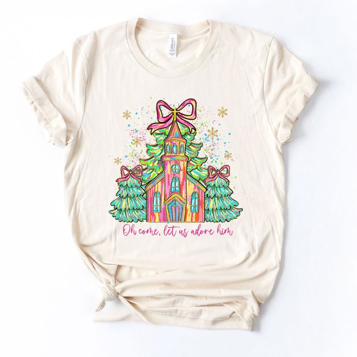 Come Let Us Adore Him Baby Jesus Christmas Little Country Church - Soft and Comfy Bella Canvas T-Shirt