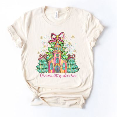 Come Let Us Adore Him Baby Jesus Christmas Little Country Church - Soft and Comfy Bella Canvas T-Shirt