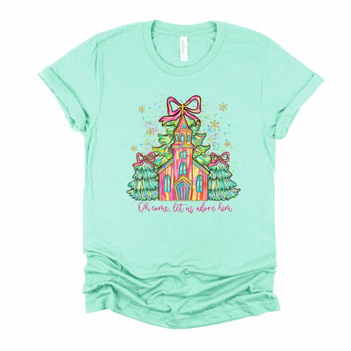 Come Let Us Adore Him Baby Jesus Christmas Little Country Church - Soft and Comfy Bella Canvas T-Shirt