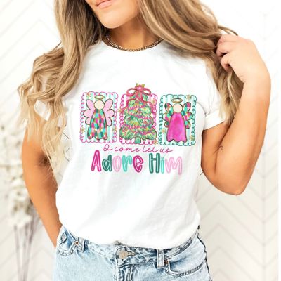 O Come Let Us Adore Him Tree and Angels Christmas - Soft and Comfy Bella Canvas T-Shirt