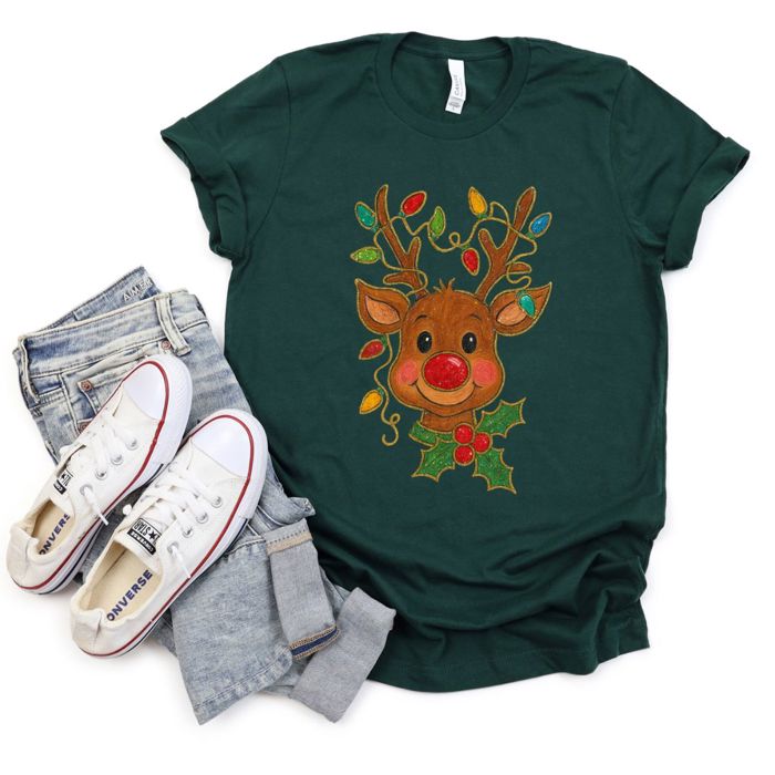 Glitter Rudolph With Christmas Lights and Holly - Soft and Comfy Bella Canvas T-Shirt