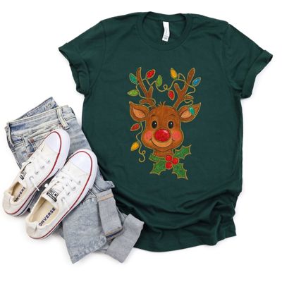 Glitter Rudolph With Christmas Lights and Holly - Soft and Comfy Bella Canvas T-Shirt