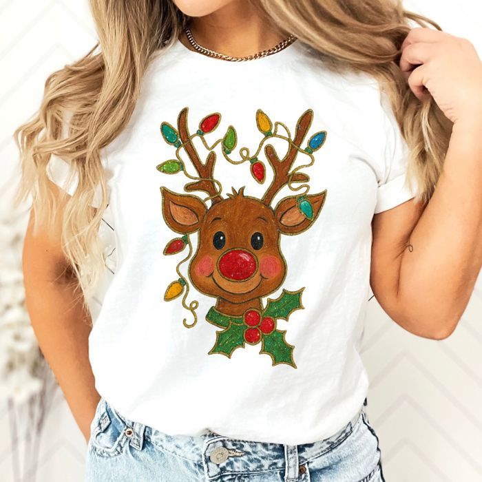 Glitter Rudolph With Christmas Lights and Holly - Soft and Comfy Bella Canvas T-Shirt