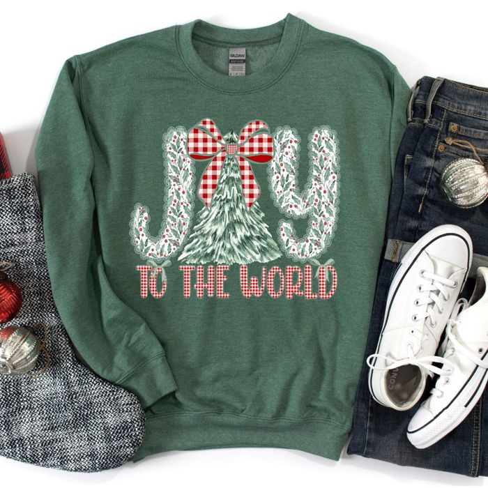 Joy To The World Coquette Ribbon Christmas Tree - Sweatshirt (Crewneck)  Poly-Cotton Colors (Unisex)  Gildan