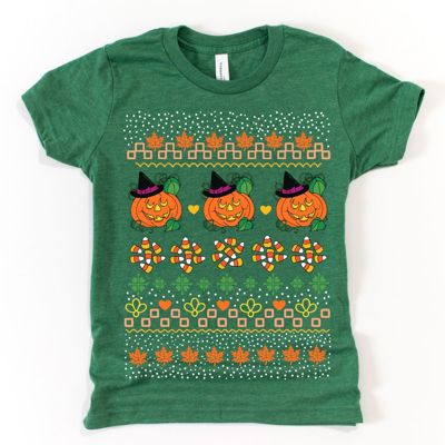 Retro 1980s Halloween Ugly Pattern - T-Shirt (Crewneck)  100 Cotton Solid Colors Jersey Tee (Unisex)  Bella Canvas, T-Shirt (Crewneck)  Poly-Cotton Heathere