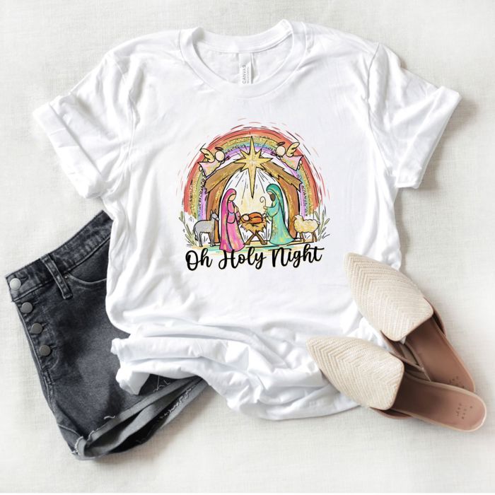 Oh Holy Night Christmas Nativity Hand Drawn Style - T-Shirt (Crewneck)  100 Cotton Solid Colors Jersey Tee (Unisex)  Bella Canvas, T-Shirt (Crewneck)  Poly-