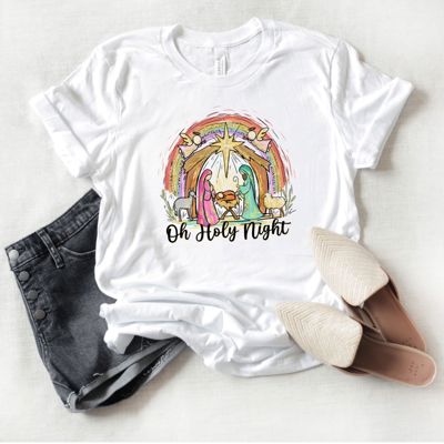 Oh Holy Night Christmas Nativity Hand Drawn Style - T-Shirt (Crewneck)  100 Cotton Solid Colors Jersey Tee (Unisex)  Bella Canvas, T-Shirt (Crewneck)  Poly-