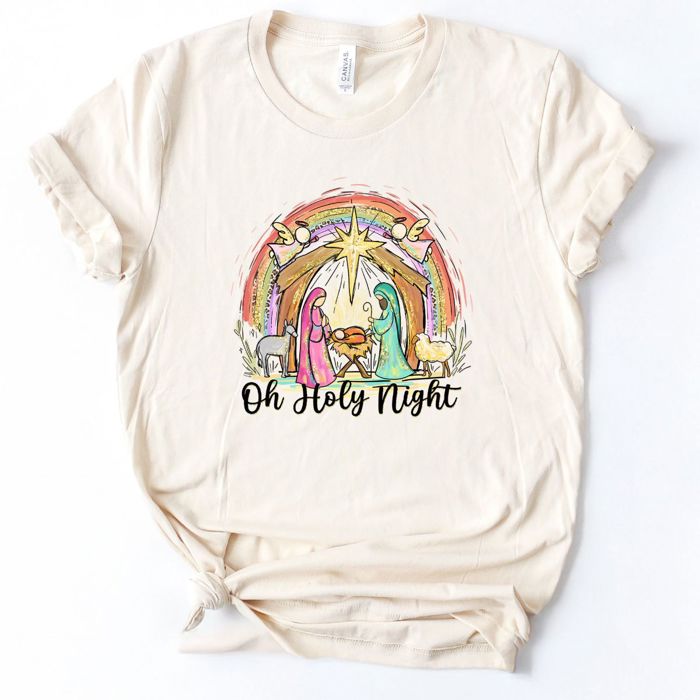 Oh Holy Night Christmas Nativity Hand Drawn Style - T-Shirt (Crewneck)  100 Cotton Solid Colors Jersey Tee (Unisex)  Bella Canvas, T-Shirt (Crewneck)  Poly-